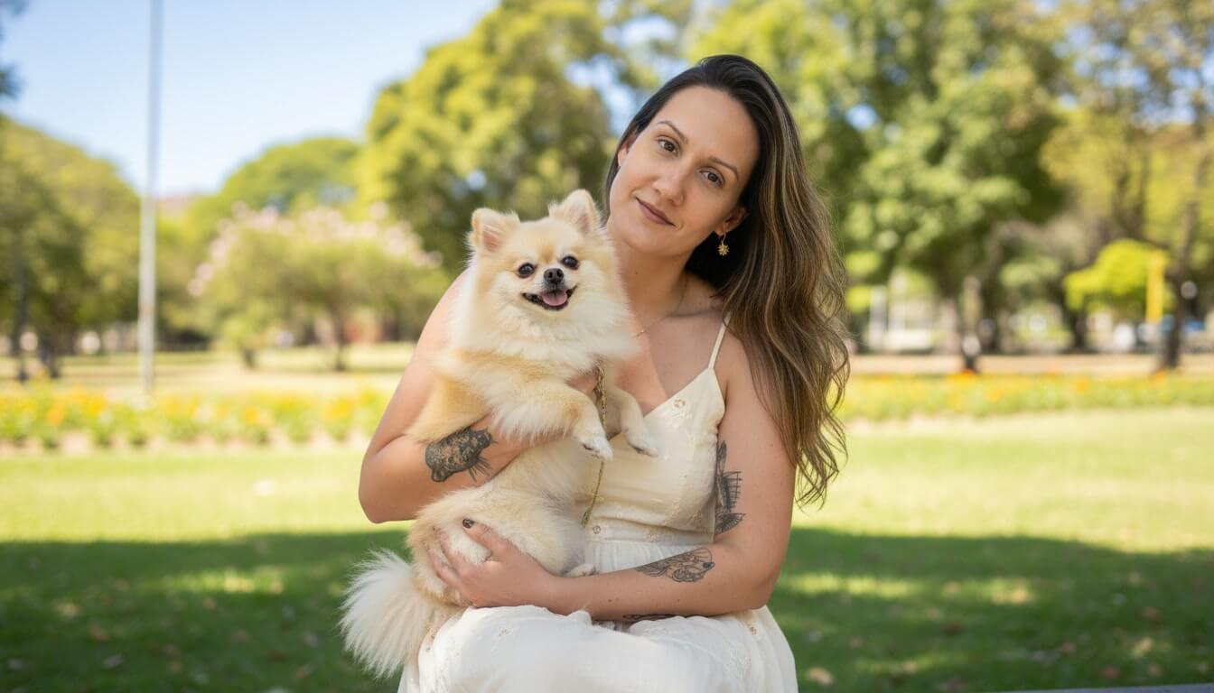 Tutora com spitz no parque
